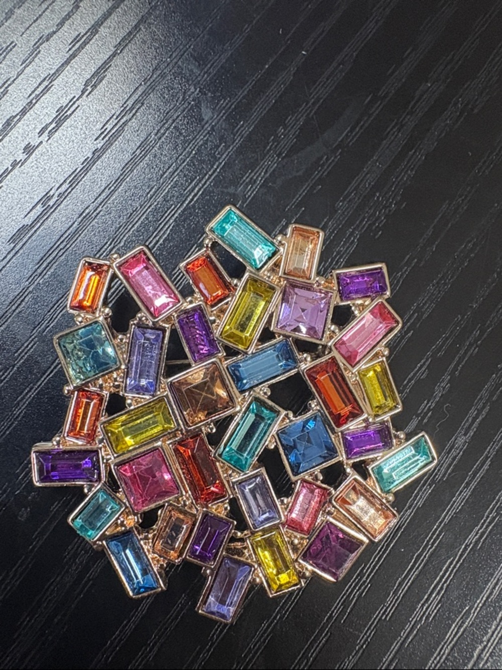Vintage Napier Gold-tone Broach with Colored Baguette Rhinestones.